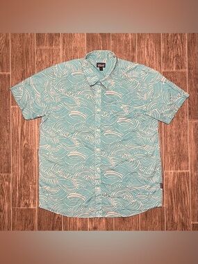 Patagonia Go To Shirt Blue Wave Print Short Sleeve Button Up Organic Cotton XL